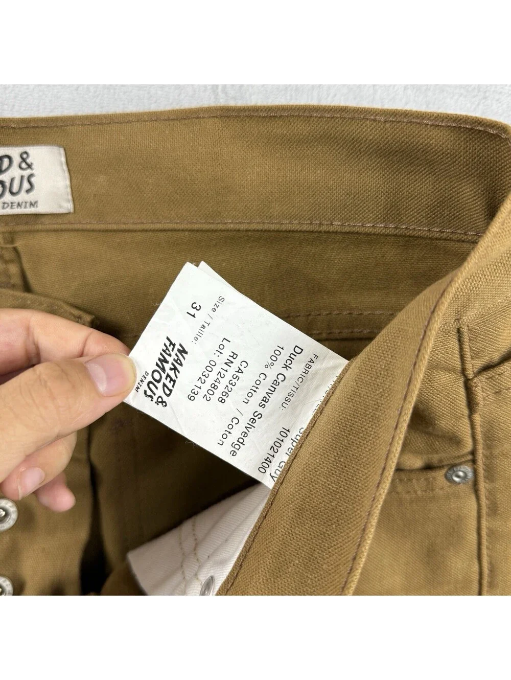 Naked & Famous Denim Men’s Duck Canvas Selvedge Pants Brown Size 31 Button Fly